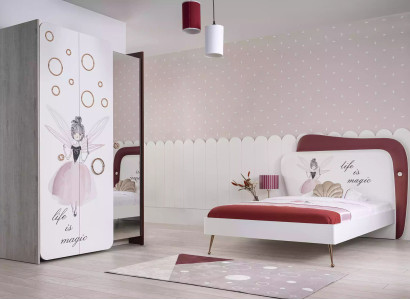 White Gray Childrens room Set Bed Bedside table Wardrobe Wood 3pcs